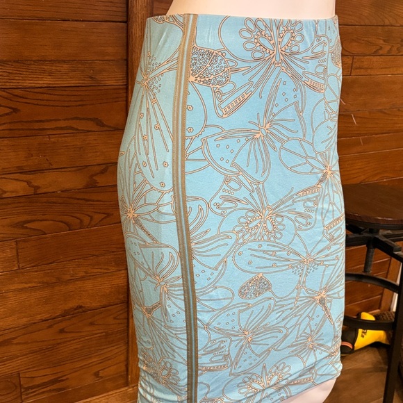 Marc Cain Sky Blue Floral Pencil Skirt with Metallic Gold Trim - Picture 2 of 4